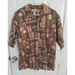 Kona Kai Trading Company Mens Casual Button Short Sleeve Brown Hawaiian Size L